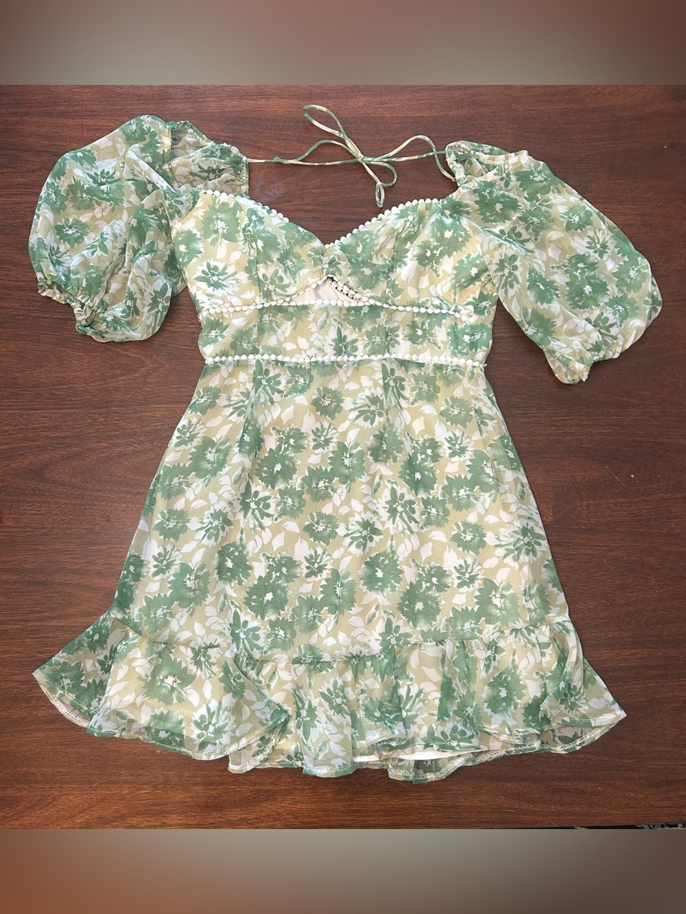 Hello Molly Green Floral Mini Dress with Puff Sleeves